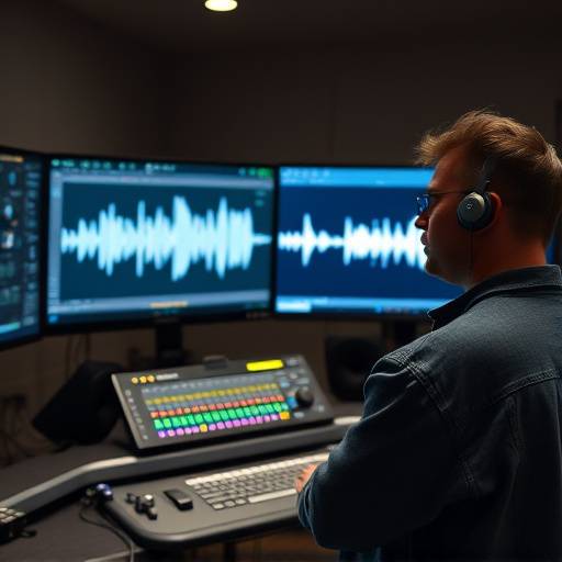 A mastering engineer working in a studio, focused on audio waveforms on a computer screen.