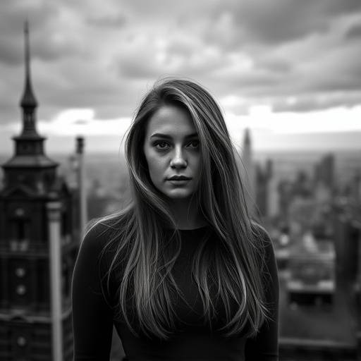 Album cover art for 'City Lights' by Anya Petrova, a black and white photo of Anya Petrova in front of a cityscape.