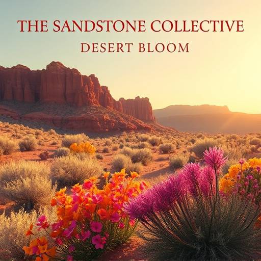 Album cover art for 'Desert Bloom' by The Sandstone Collective, featuring a vibrant image of desert flowers blooming against a red rock landscape.