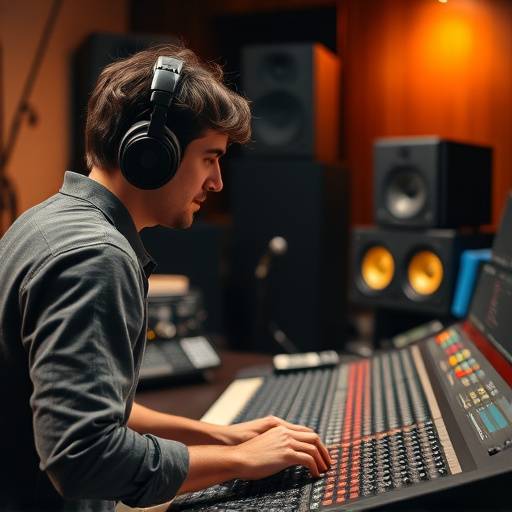 An audio engineer working at a mixing console during a recording session.