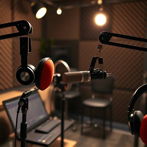 People recording a podcast in a professional studio with microphones and headphones.